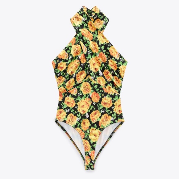 NWT ZARA CROSS NECK BODYSUIT BLACK/ORANGE/GREEN SIZE M -NWT - Picture 1 of 7